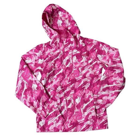 North Face Girls Jacket Medium 10/12 Pink White Print Hooded Windbreaker - Picture 1 of 5